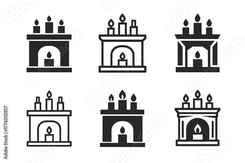 Fireplace Mantel Icons. fireplace mantel. Set Logo of fireplace mantel: candle arrangement on mantel. Icon set. harmonious logo variations of the