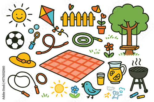 Colorful Backyard Playtime. Backyard playtime. Colorful Hand-drawn doodle Children illustration Backyard playtime picnic blanket, soccer ball, bubbles wand,