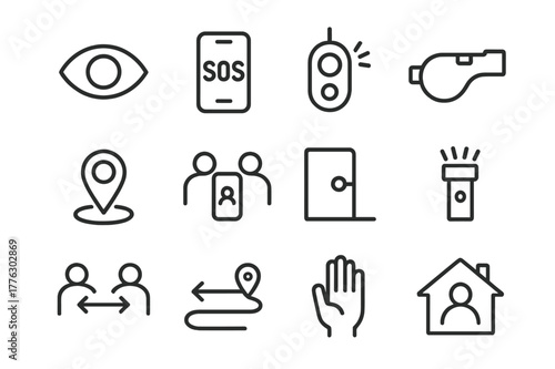 Personal Safety Icons. Personal Safety. Line icon set of Personal Safety: awareness eye, phone SOS, personal alarm, emergency whistle, share location pin,