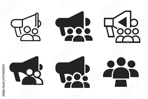 Marketing Logos Variations. Managing marketing teams and campaigns. Set Logo of Managing marketing teams and campaigns: megaphone with team silhouettes. Icon