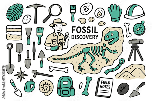 Colorful Fossil Excavation. Fossil discovery. Hand-drawn doodle illustration paleontologist (colored), dinosaur skeleton (colored), fossils