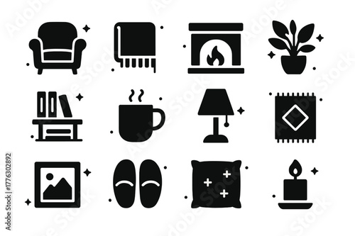 Homey Icon Set. Homey. Solid icons set of Homey: cozy armchair, throw blanket, fireplace, house plant, bookshelf, mug of tea, table lamp, rug, picture frame,