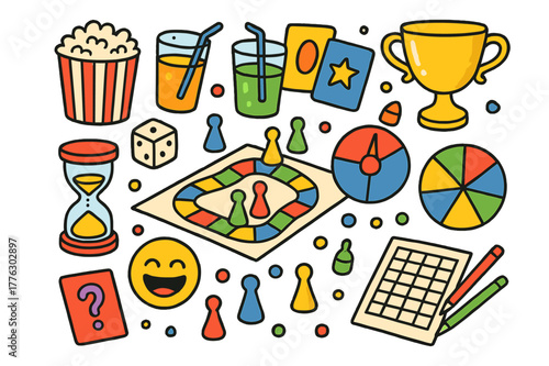 Colorful Board Game Scene. Board game fun. Colorful Hand-drawn doodle Children illustration Board game fun dice, spinner, cards, pawns, game board, timer,