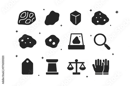 Meteorite Icon Collection. Meteorite fragments and specimens. Solid icons set of Meteorite fragments and specimens: cut rock slice, metal fragment, olivine