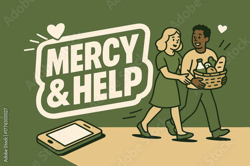 Mercy and Help Banner. Mercy and Help banner, flat vector illustration, bold oversized text inside sticker outline banner, cartoon characters walking and