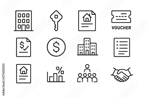 Affordable Housing Icons. Affordable housing schemes. Line icon set of affordable housing schemes: apartment building, house key, rent contract, voucher,