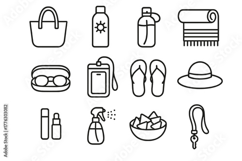 Poolside Essentials Icons. Poolside Essentials. Line icon set of Poolside Essentials: tote bag, sunscreen, water bottle, beach towel, sunglasses case, phone in