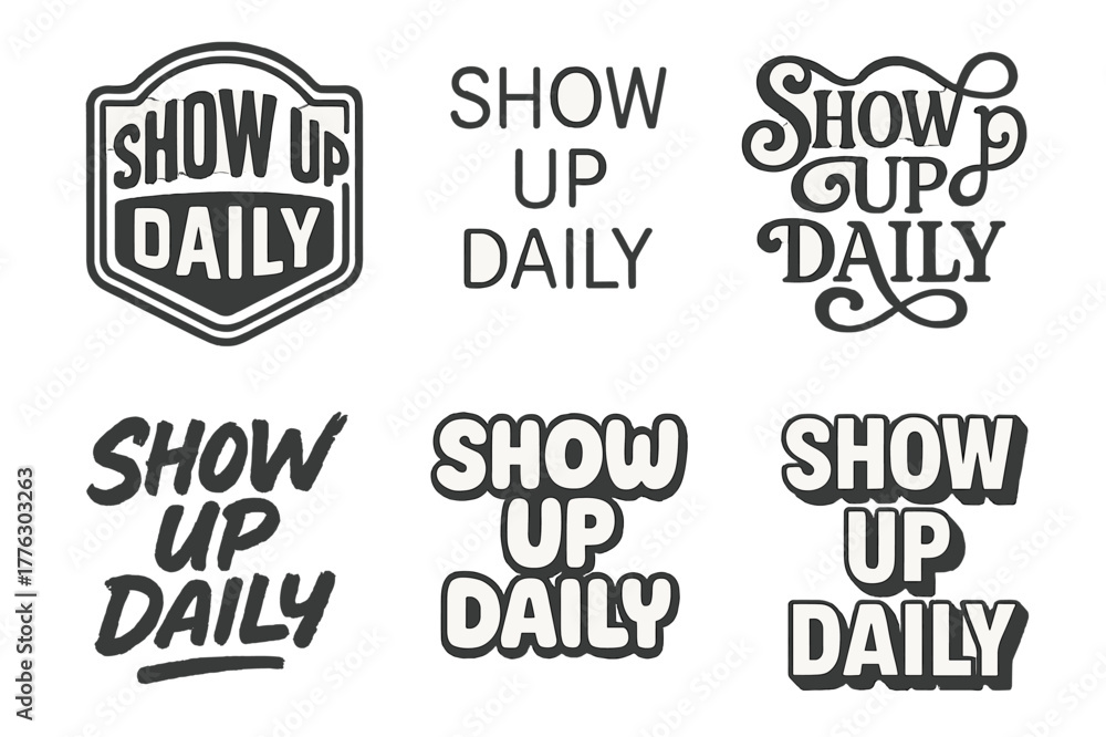 Fototapeta premium Harmonious Lettering Variations. Show up daily. Set lettering. harmonious lettering variations of the same emblematic concept, each with different artistic