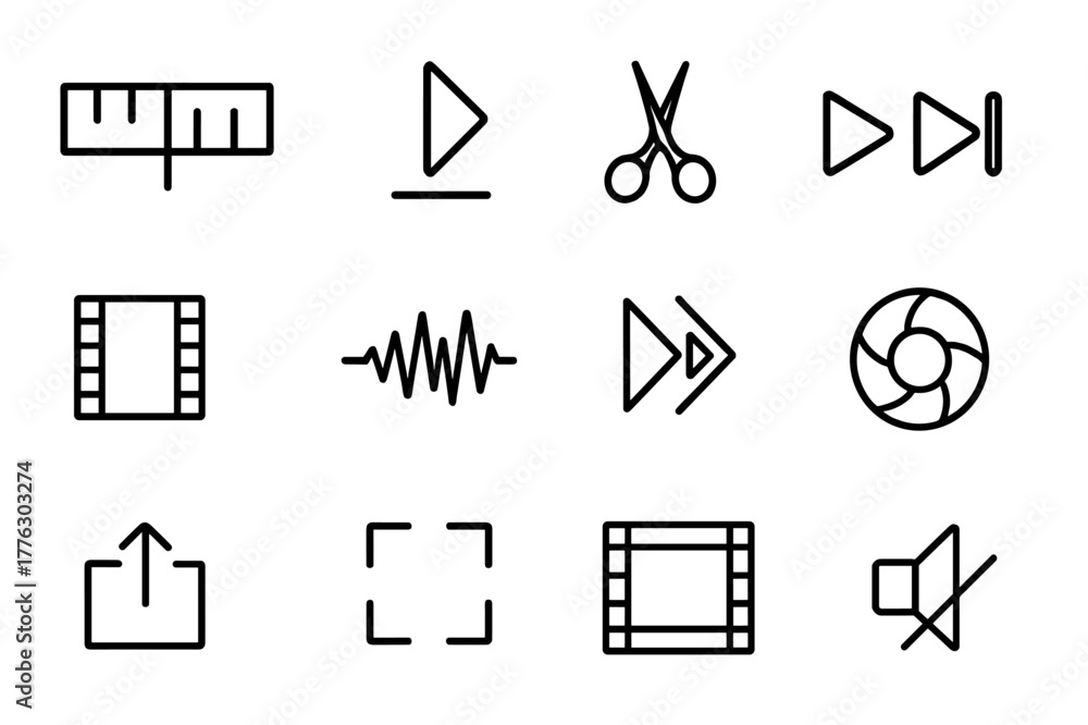 Fototapeta premium Video Editing Icons. Video Editing. Line icon set of Video Editing: timeline, playhead, scissors cut, playback controls, clip segment, sound wave, transition