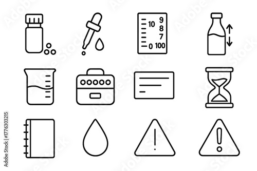 Homeopathy Icon Collection. Homeopathy. Line icon set of homeopathy: small vial, pellets, dropper bottle, dilution scale, succussion bottle, glass beaker,