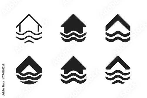Flood Damage Logos. Dealing with home flooding and water damage. Set Logo of dealing with home flooding and water damage: house roof above wavy water lines.