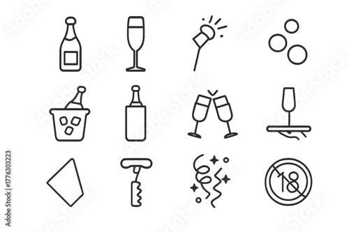 Champagne Icon Set. Champagne and Toasts. Line icon set of Champagne and Toasts: champagne bottle, flute glass, popping cork, bubbles, ice bucket, chiller
