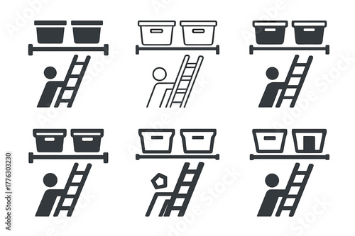 Overhead Storage Logos. Using overhead storage racks in the garage. Set Logo of Using overhead storage racks in the garage: ladder reaching an overhead rack