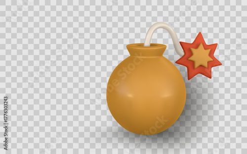 3D Cartoon Bomb Icon With Burning Fuse And Explosion Spark. Funny Game Object Or Explosive Symbol For Mobile App, Game Design, Or Emoji Set. Bright Minimal Style. Vector Illustration