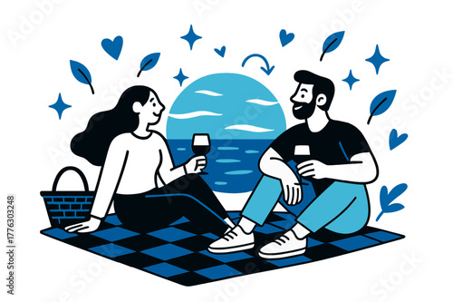 Romantic Lakeside Picnic. A couple having a picnic by the lake, relaxing and enjoying the outdoors. Pair enjoying sunset by the lake with picnic basket and