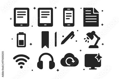 Digital Reading Icons. Digital Reading. Solid icons set of Digital Reading: tablet, e-reader, smartphone, page flip icon, battery icon, bookmark, stylus,