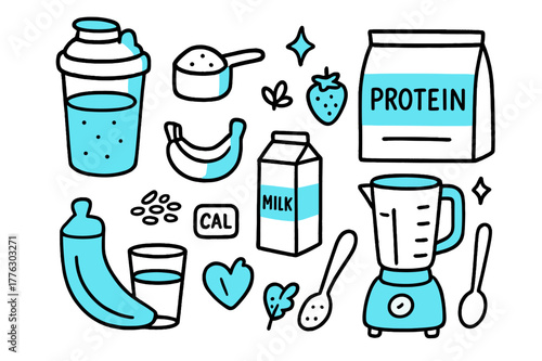 Protein Shake Essentials. Protein shake ingredients. Hand-drawn doodle illustration protein shake ingredients [shaker cup (accented), scoop (accented), powder