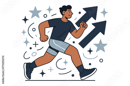 Dynamic Jogging Motivation. Workout motivation. Person jogging outdoors with abstract floating arrows, stars, and sparkles; emphasizes endurance, energy, and
