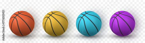 Colorful Basketball Balls Set in Orange, Yellow, Blue, and Purple. Realistic 3D Sport Design on Transparent Background for Game and Training Concept. Vector Illustration