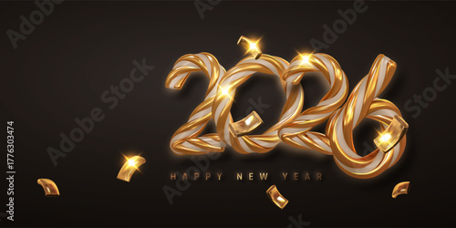 Golden 2026 Numbers with Sparkling Light Effects and Elegant Striped Design on Dark Background. Luxury New Year Celebration Concept for Holiday Greeting. Vector Illustration