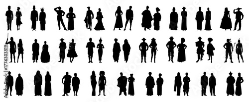 Silhouette of crowd of people around the world in traditional attire