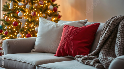 Cozy living room with a gray sofa, red and gray pillows, a knitted blanket, and a decorated Christmas tree