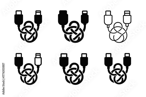 Charging Cable Chaos. Charging cable mess. Set Logo of Charging cable mess: USB-C and lightning tangle. harmonious logo variations of the same emblematic