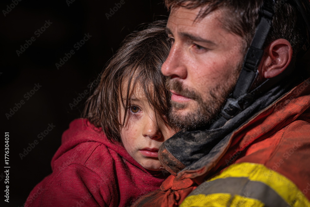 Fototapeta premium Firefighter rescue child comfort safety trauma compassion emergency soot helmet