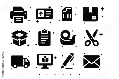 Logistics Icons Grid. Logistics Workflow. Solid icons set of Logistics Workflow: printer, shipping label, package, barcode, box, clipboard, tape dispenser,