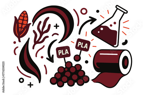 Biopolymer Creation Scene. Plant-based polymers (PLA, PHA). Corn kernels and algae swirl into polymer strands; ?PLA / PHA? tags click onto pellets. A lab flask