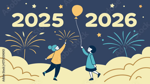 Two children celebrate the new year with fireworks and a balloon