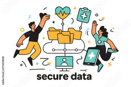 Cloud-Connected Healthcare. Healthcare Tech ? Cloud Records. Folders and medical icons float above a cloud; connection lines link to tablets and monitors. Text