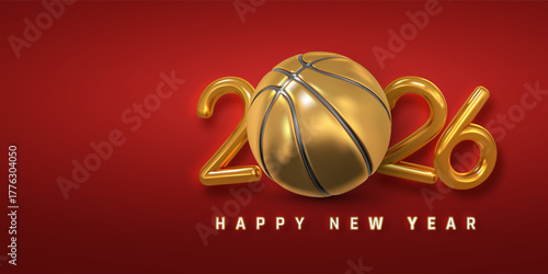 Golden Basketball 2026 New Year Design On Red Background. Sport Celebration Concept With Shiny 3D Numbers And Elegant Holiday Greeting. Vector Illustration