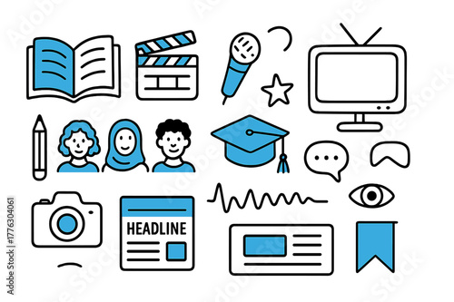 Education & Media Doodles. Education & media representation. Hand-drawn doodle illustration education and media representation open book (accented), film