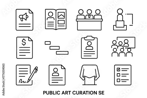 Public Art Icon Set. Public Art Curation. Line icon set of Public Art Curation: open call notice, artist portfolio, selection jury, proposal sketch, budget