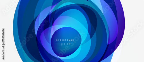 Abstract blue layers create dynamic circular design. Gradient shades suggest depth, modern aesthetic. Text reads background design.