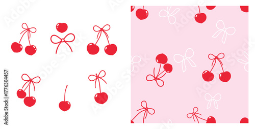 Cherry and ribbon seamless pattern vector set, red cherries with cute bows on white and pink backgrounds, kawaii fruit illustration for textile and wrapping design.