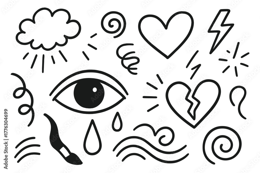 Fototapeta premium Emotional Doodle Icons. Emotional art. Hand-drawn doodle illustration emotional art eye, tear, heart, swirling line, brush, paint stroke, wave, explosion,
