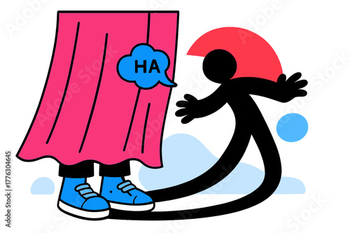 Shoes and Giggle. Behind the Curtain. A pair of shoes peek below a flowing drape; a giggle bubble floats like a tiny cloud. The seeker?s shadow stretches in a