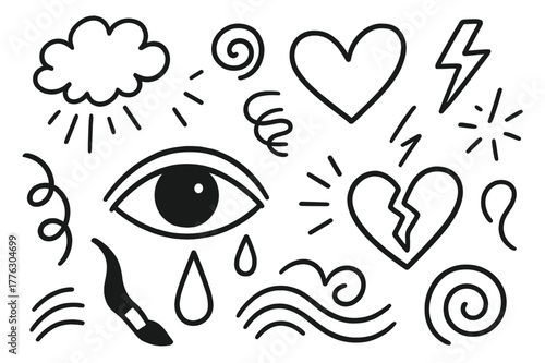 Emotional Doodle Icons. Emotional art. Hand-drawn doodle illustration emotional art eye, tear, heart, swirling line, brush, paint stroke, wave, explosion,