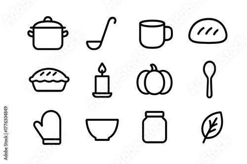 Cozy Cooking Icons. Cozy cooking. Line outline icon set of cozy cooking: pot, ladle, cup, bread, pie, candle,