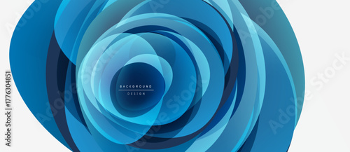Abstract blue layers create swirling pattern. Modern design suggests depth, movement, technology. Clean aesthetic, suitable background element.