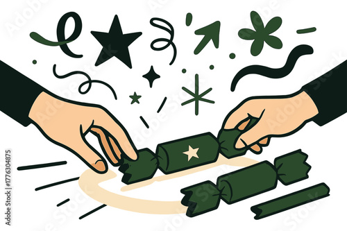 Festive Holiday Arrangements. Holiday preparation. Hands arranging crackers on a glowing table, with floating