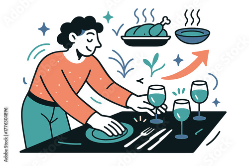 Glowing Table Harmony. Family dinner preparation. A person placing glowing glasses and silverware neatly on a