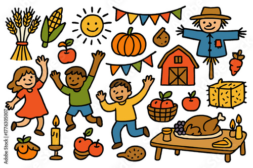 Colorful Harvest Festival Scene. Harvest festival. Colorful Hand-drawn doodle Children illustration Harvest festival wheat sheaves, corn, pumpkin, baskets, hay