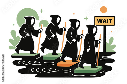 Ferryman's Abstract Queue. Ferryman?s Queue. Hooded figures stand on geometric stepping stones across a black river; a distant sign reads ?wait?. Minimal