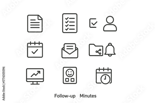Follow-up Icons Set. Follow-up and Minutes. Line icon set of Follow-up and Minutes: meeting minutes document, attendance list, decisions check, action items
