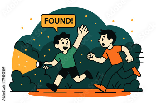 Flashlight Adventure. Flashlight Seek at Dusk. Cones of light sweep between hedges as firefly dots drift. A crisp tag reads ?Found!? near a raised hand and