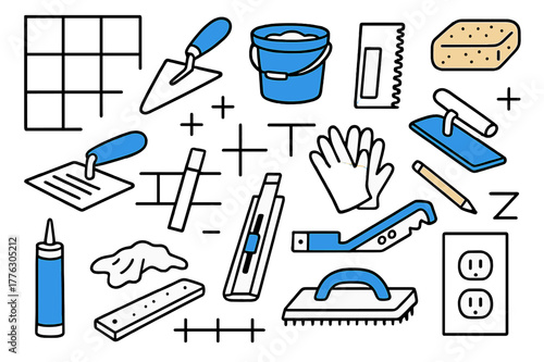 Tile Backsplash Doodle. // Tile backsplash. Hand-drawn doodle illustration tile backsplash [tile grid (accented), trowel (accented), tile spacers, adhesive