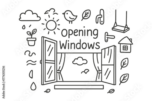 Opening Windows Doodle. Opening Windows. Hand-drawn doodle illustration of opening windows. Window frame,